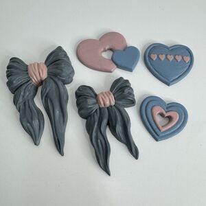 Vtg Set of Blue & Pink Bows Home Interior Wall Hangings Burnwood Hearts 5 Pieces